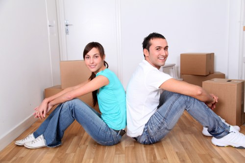 Packed boxes and moving van in a Kennington street