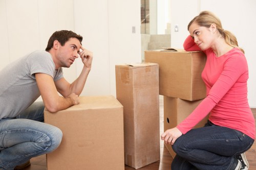 Professional movers carrying boxes and furniture